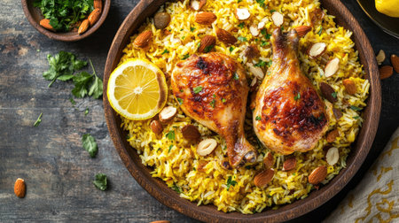 A visually appealing top view of a traditional Chicken Mandi, with golden chicken and basmati rice, garnished with lemon slices and almonds, celebrating the flavors of Saudi Arabian cuisine.の素材