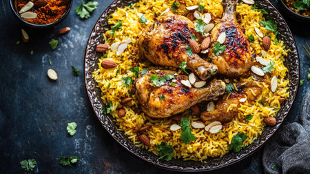 A vibrant overhead shot of Chicken Mandi, with golden brown chicken and spiced rice on a traditional platter, garnished with almonds and fresh herbs,の素材