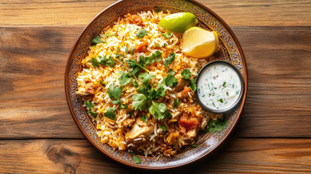 A top view of a traditional Chicken Biryani on a decorative plate, garnished with fresh coriander and served with raitaの素材