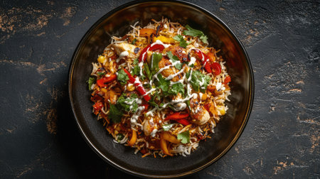 A vibrant Chicken Biryani dish with fresh garnishes displayed in the center, against a muted backdrop,の素材