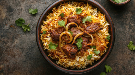 A top view of Indian mutton biryani, with tender pieces of spiced meat and basmati rice, garnished with crispy fried onions and fresh cilantro,の素材