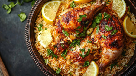 A top view of Chicken Mandi, with perfectly roasted chicken placed over seasoned rice, garnished with lemon wedgesの素材