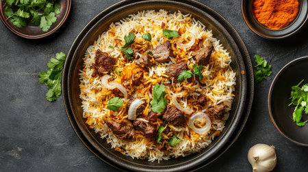 A top view of Indian mutton biryani, with tender pieces of spiced meat and basmati rice, garnished with crispy fried onions and fresh cilantro,の素材