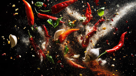 A vibrant freeze-motion shot capturing hot red peppers, cloves of garlic, and various spice powders suspended in mid-air against a black background,の素材
