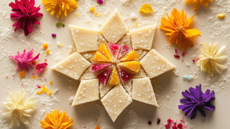 A vibrant display of kaju katli arranged with colorful garnishes, set against a clean background that allows for ample space for promotionalの素材