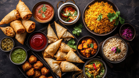 A visually appealing top view of Ramadan foods, including crispy samosas, fried rolls, chicken biryani, kofta, and butter chicken, served with various dips and chutneys. Ramadan Kareem.の素材
