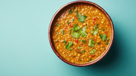A vibrant bowl of lentil dal with a colorful garnish, set against a minimalist background that allows for clear brandingの素材