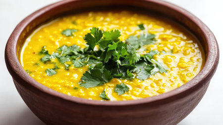 A vibrant bowl of creamy yellow dal garnished with fresh cilantro and a drizzle of ghee, set against a soft white background,の素材