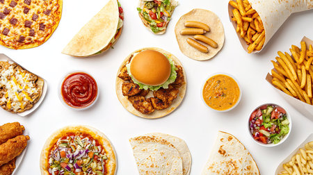A top-down shot of a variety of fast food items, including chicken burgers, pizza, tacos, shawarma, corndogs, burritos,の素材