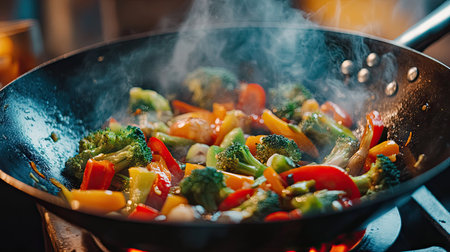 A vibrant shot of a hot wok filled with colorful, Asian vegetables like bell peppers, broccoli, and carrots, creating a beautiful medley that captures the essence of healthy cooking.の素材