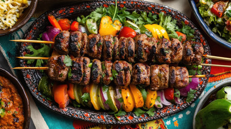 A vibrant display of kebabs on a skewer with garnishes, set on a colorful tablecloth, creating plenty of room around the dish for captions or branding.の素材