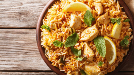 A vibrant shot of spicy Indian chicken biryani served with fresh mint and lemon slices, the dish full of warm golden rice and juicy chicken, set against a wooden background.の素材