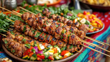 A vibrant display of kebabs on a skewer with garnishes, set on a colorful tablecloth, creating plenty of room around the dish for captions or branding.の素材