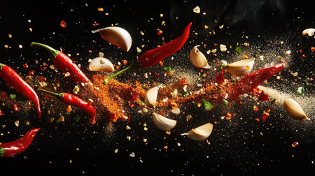 A vibrant freeze-motion shot capturing hot red peppers, cloves of garlic, and various spice powders suspended in mid-air against a black background,の素材