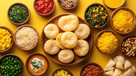 A vibrant arrangement of pani puris with various toppings, displayed against a clean backdrop that allows for ample spaceの素材