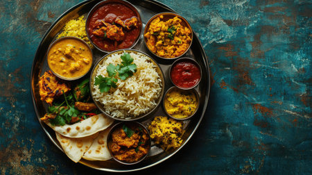 A vibrant thali filled with assorted Indian dishes, garnished with fresh herbs, placed on a textured surface, creating plenty of space for captions or advertisements.の素材