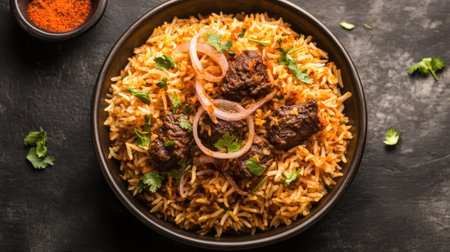 A visually appealing top view of spicy mutton biryani, with tender mutton pieces and basmati rice, topped with crispy onions and herbs, presenting the richness of Indian culinary traditions.の素材