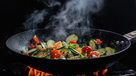 A vibrant shot featuring a wok in action, frying fresh zucchini, garlic, and red tomatoes, with flames and smoke rising dramatically against a sleek black background, emphasizing culinary creativity.の素材