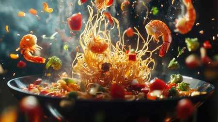 A vibrant scene of wok noodles caught mid-air, with juicy prawns and bright veggies suspended around them,の素材