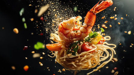 A visually striking freeze-motion shot of noodles, prawns, and assorted vegetables in mid-air, highlighting the delicious combination of ingredients in the preparation of a savory dish.の素材