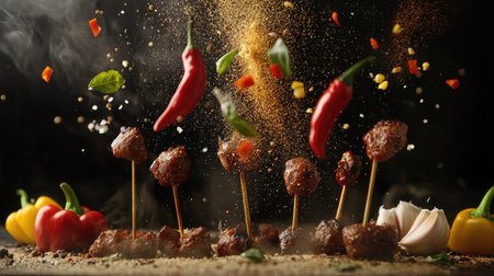 A visually striking shot of garlic cloves, red peppers, and colorful spice powders suspended in the air above sizzling meat stakes, illustrating the lively world of flavor and cooking techniques.の素材