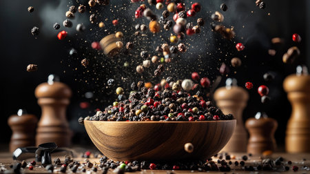 A visually striking shot featuring a wooden bowl overflowing with colorful peppercorns, with grinders and shakers suspended above, emphasizing the excitement of culinary exploration.の素材