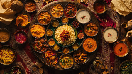 Aerial perspective of a round thali filled with an assortment of Indian dishes, with vibrant colors and textures,の素材