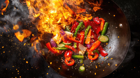 Aerial view of a high-energy stir-fry in progress, with vibrant vegetables and protein flying from a sizzling wok,の素材