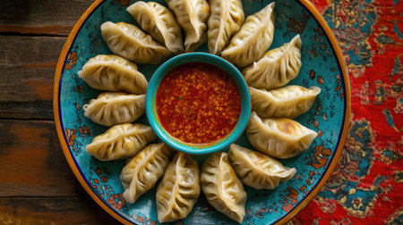 Aerial perspective of a serving of momos arranged in a circular pattern on a bright plate, complemented by a vibrant red dipping sauceの素材