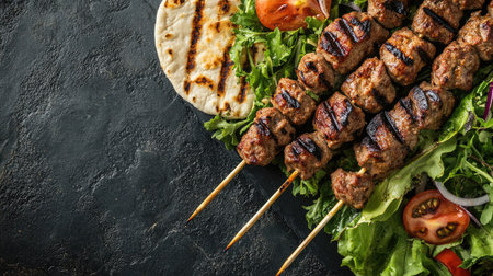 An appetizing close-up of grilled kebabs served with fresh salad and pita bread, captured on a textured surfaceの素材