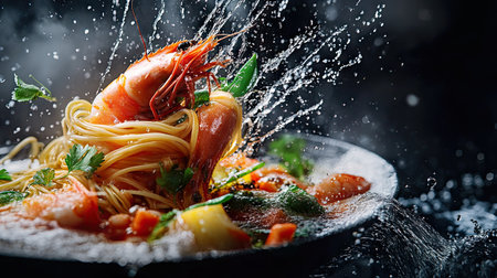 An action-packed image showcasing flying noodles intertwined with prawns and fresh vegetables, creatingの素材