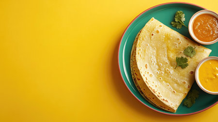 An elegant dosa elegantly folded and placed on a colorful plate, surrounded by dipping sauces, set against a neutral backdropの素材