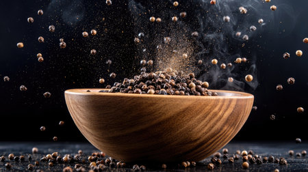 An action-packed image of a wooden bowl of peppercorns and flying spice mills, creating a whimsical and energetic kitchen atmosphere against a deep black backdrop.の素材