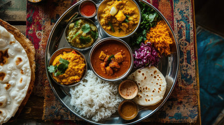 Aerial view of a vibrant thali meal with diverse dishes, set against a soft backdrop, leaving plenty of area around the plate for text overlay or promotional useの素材