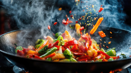 An action shot of fresh vegetables being tossed in a hot wok, with steam and vibrant colors creating a dynamic culinary moment that showcases the energy of Asian cooking.の素材
