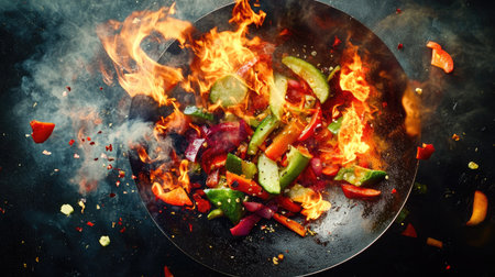 Aerial view of a high-energy stir-fry in progress, with vibrant vegetables and protein flying from a sizzling wok,の素材