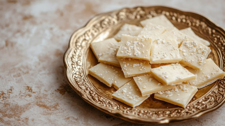 An elegant presentation of kaju katli on a decorative plate, set against a neutral backdrop that creates a clear area for marketing text or branding purposes. -の素材