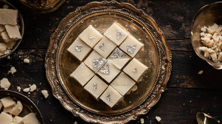 Aerial view of a beautifully arranged plate of kaju katli, neatly cut into diamond shapes and garnished with silver leafの素材