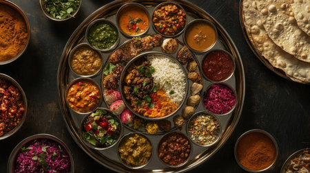 Aerial perspective of a round thali filled with an assortment of Indian dishes, with vibrant colors and textures,の素材