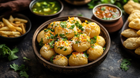 Aerial perspective of pani puri served in a decorative bowl, with a small pot of flavored water and a side of fresh garnishes, capturing the essence of Indian street cuisine.の素材