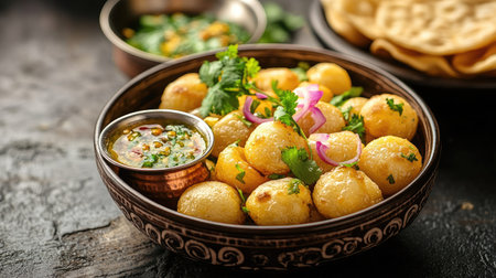 Aerial perspective of pani puri served in a decorative bowl, with a small pot of flavored water and a side of fresh garnishes, capturing the essence of Indian street cuisine.の素材