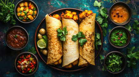 Aerial view of a beautifully presented dosa filled with spiced potatoes, garnished with fresh cilantro, served with coconut chutney and sambar in small bowls,の素材