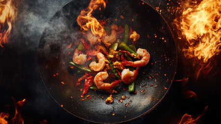 Aerial perspective of a stir-frying session with shrimp, vegetables, and spices flying out of a wok pan, surrounded by flames,の素材