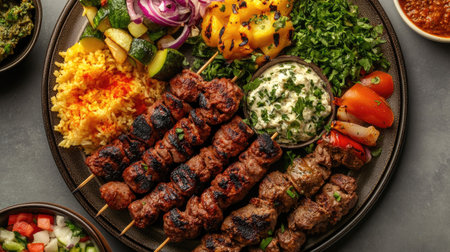 Aerial view of a sumptuous kebab feast featuring various types of kebabs and fresh sides, all elegantly presented on a round plate with a soft-focus background.の素材