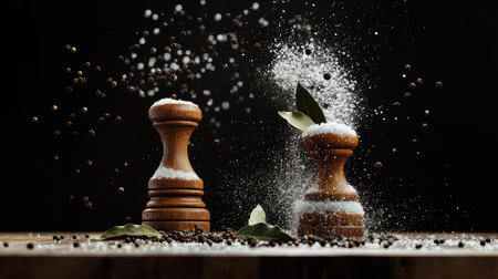 An artistic representation of levitating salt and pepper shakers with spice mills, filled with peppercorns and bay leaves, against a black backgroundの素材