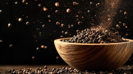 An action-packed image of a wooden bowl of peppercorns and flying spice mills, creating a whimsical and energetic kitchen atmosphere against a deep black backdrop.の素材