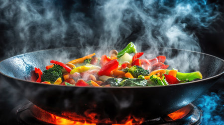 An action shot of fresh vegetables being tossed in a hot wok, with steam and vibrant colors creating a dynamic culinary moment that showcases the energy of Asian cooking.の素材