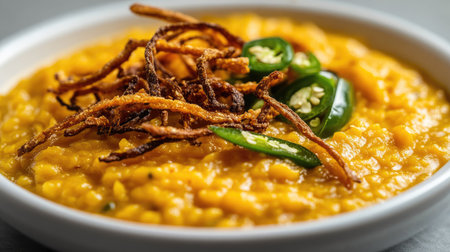 An elegant plate of yellow dal with crispy fried onions and sliced green chilies, positioned on a simple surface,の素材