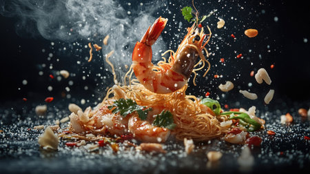 An action-packed image showcasing flying noodles intertwined with prawns and fresh vegetables, creatingの素材