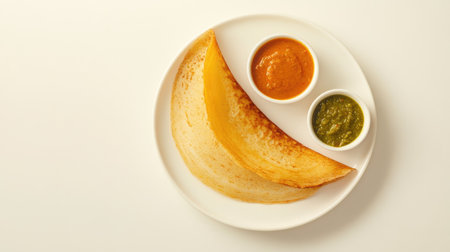 A perfectly golden dosa served on a white plate, accompanied by coconut chutney and sambar,の素材